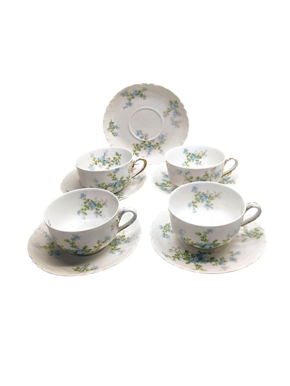 Antique Haviland Limoges Blue Pink Forget Me Not Cup & Saucer Set of 4